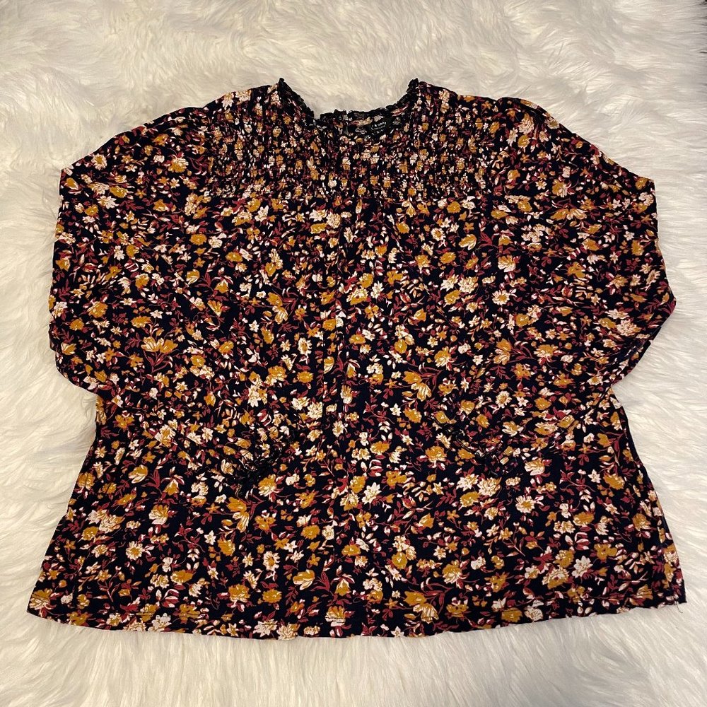 Lucky Brand Dark Blue Floral Long Sleeve Peasant Top